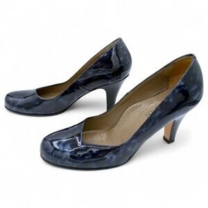 Anyi Lu Emily Navy Blue Patent Tortoise Kitten Heels Pumps Classic Italy 38 7.5